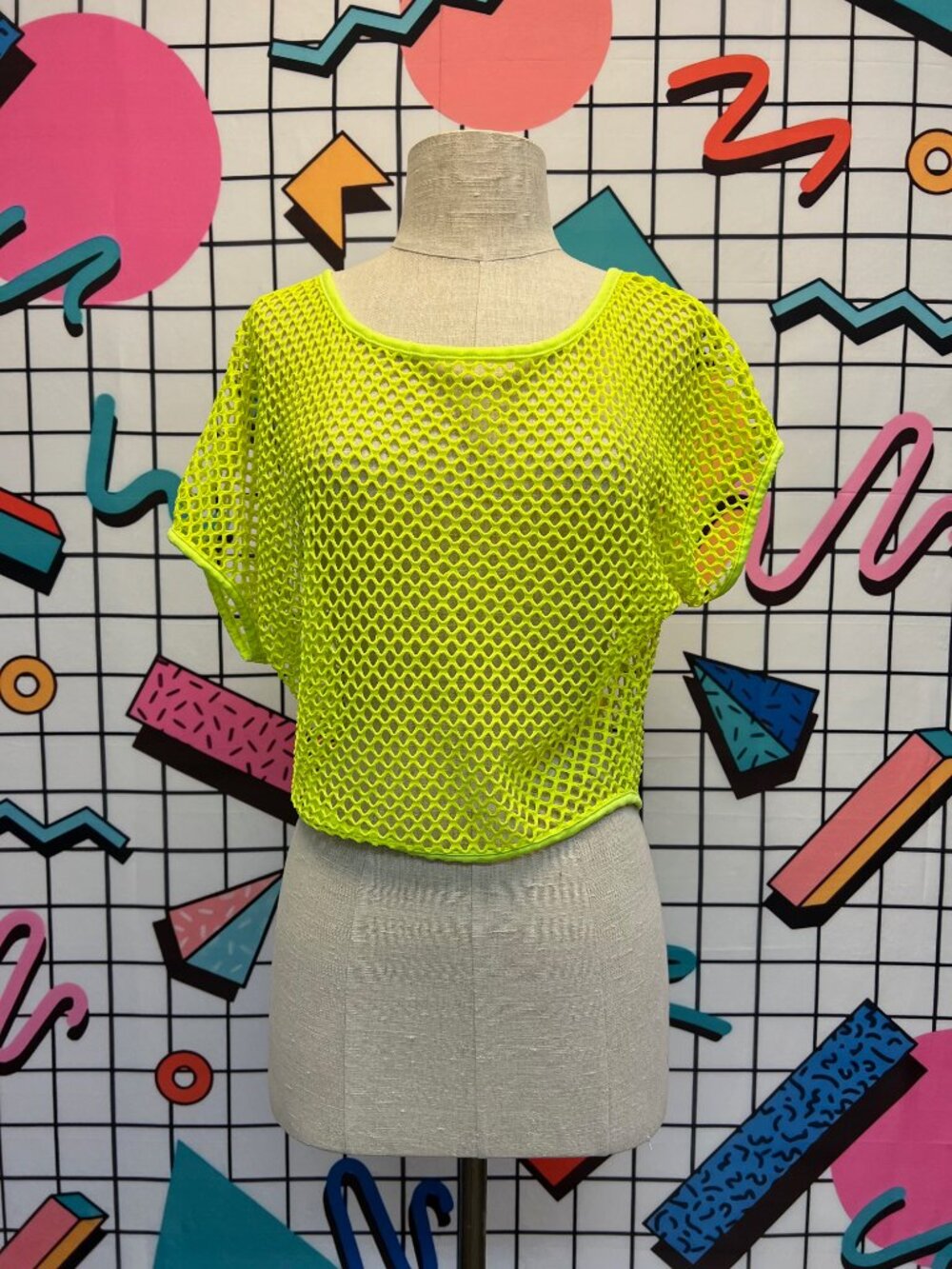 EUC Vintage 80s Neon Yellow Baggy Cropped Fishnet Top OS